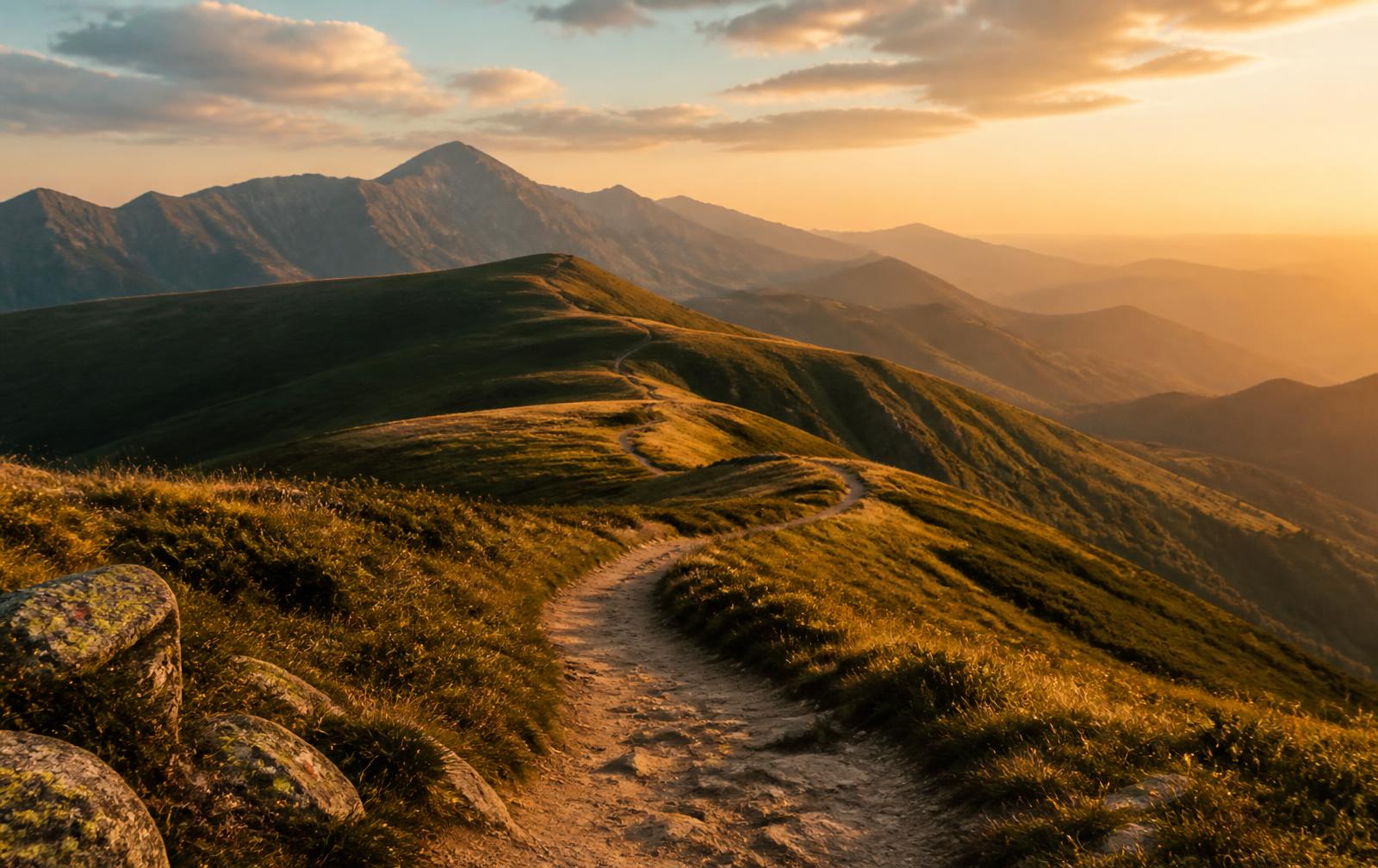 A winding trail crossing green highlands toward distant mountains at golden hour